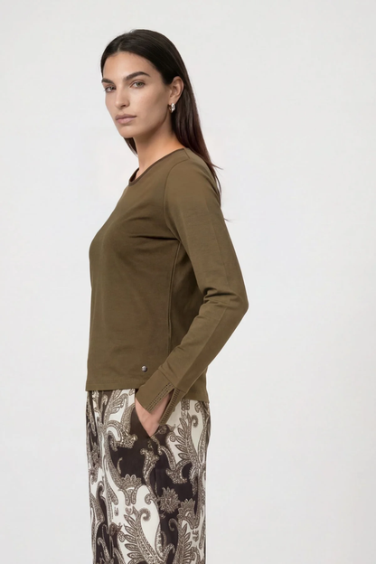 Monari 810053 Olive Cotton Jumper worn by model side view Shop Monari at Dotique
