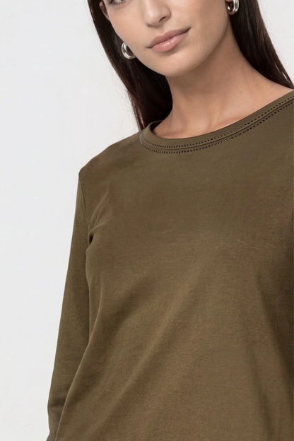 Monari 810053 Olive Cotton Jumper worn by model Shop Monari at Dotique