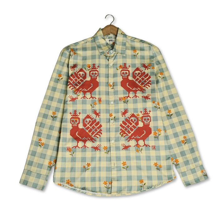 Mori Checks shirt for men in green check, front flat view, with red bird motifs and small flowers