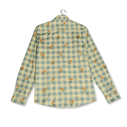 Mori Checks shirt for men in green check, back flat view, with small scattered orange flowers