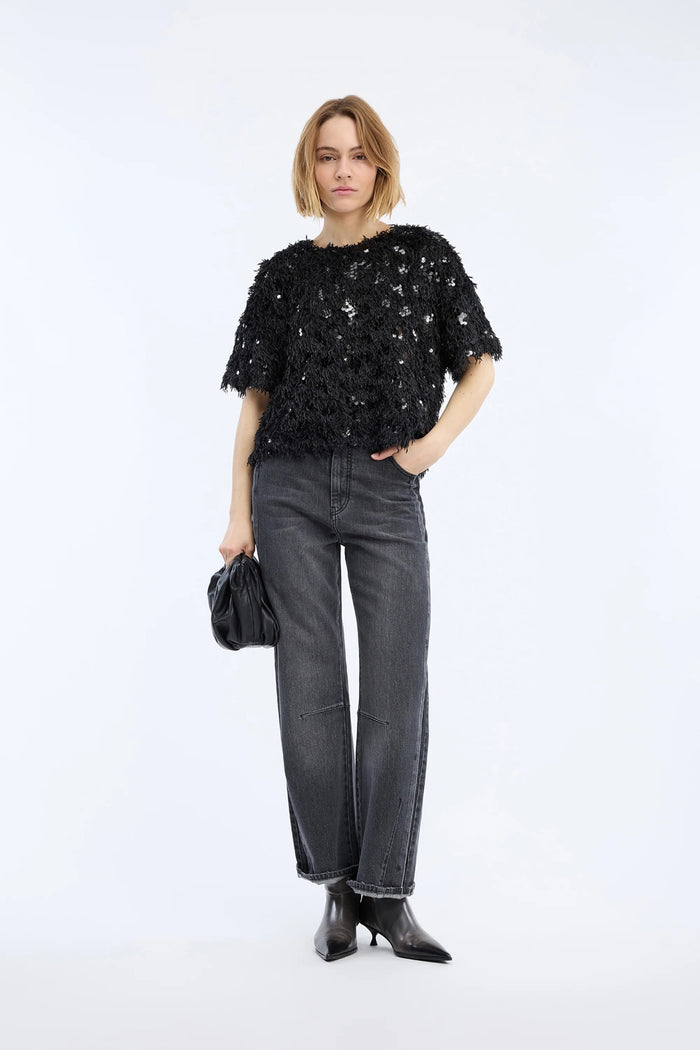 Model wearing MUNTHE Valence Sequin & Fringe Top – Black by Munthe. Shop Munthe at Dotique