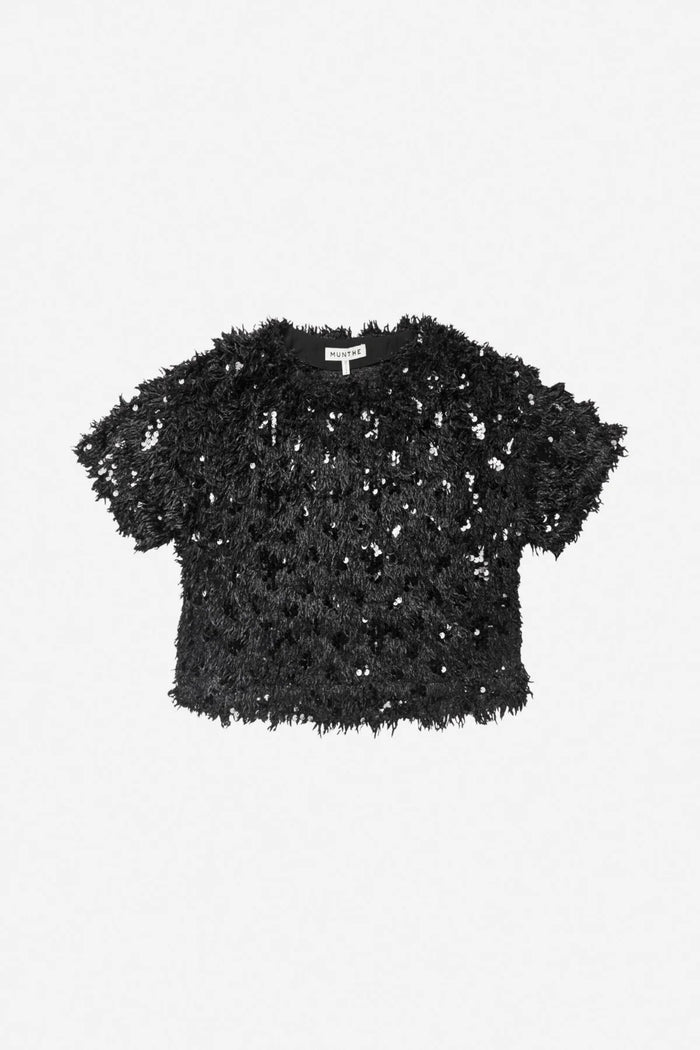 MUNTHE Valence Sequin & Fringe Top – Black by Munthe shown flat. Shop Munthe at Dotique