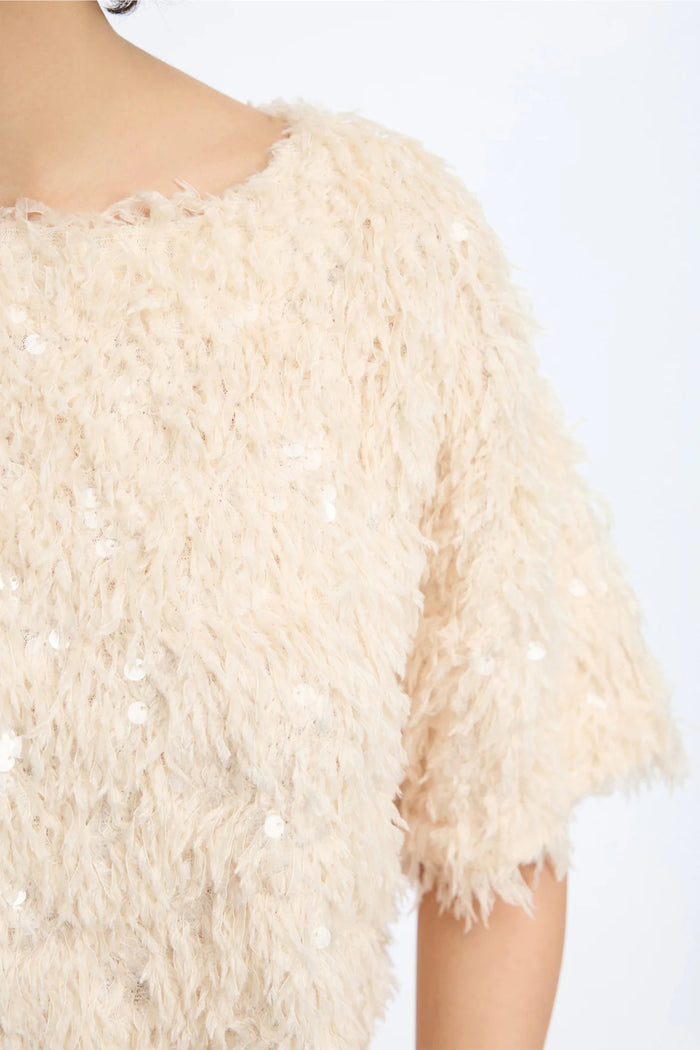 Close up of MUNTHE Valence Sequin & Fringe Top – Creme by Munthe. Shop Munthe at Dotique