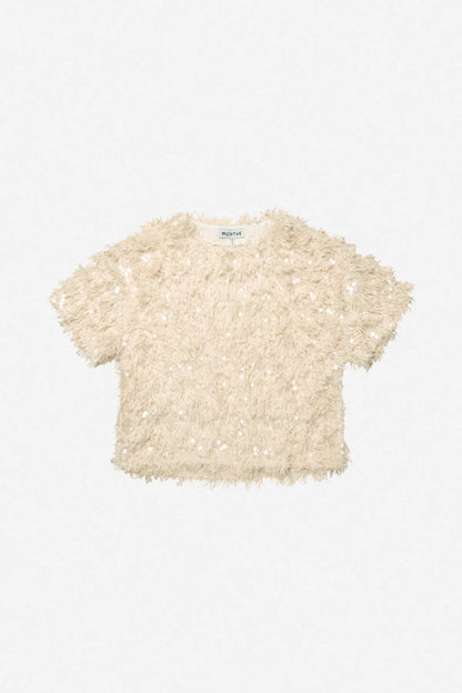 MUNTHE Valence Sequin & Fringe Top – Creme by Munthe, shown flat. Shop Munthe at Dotique