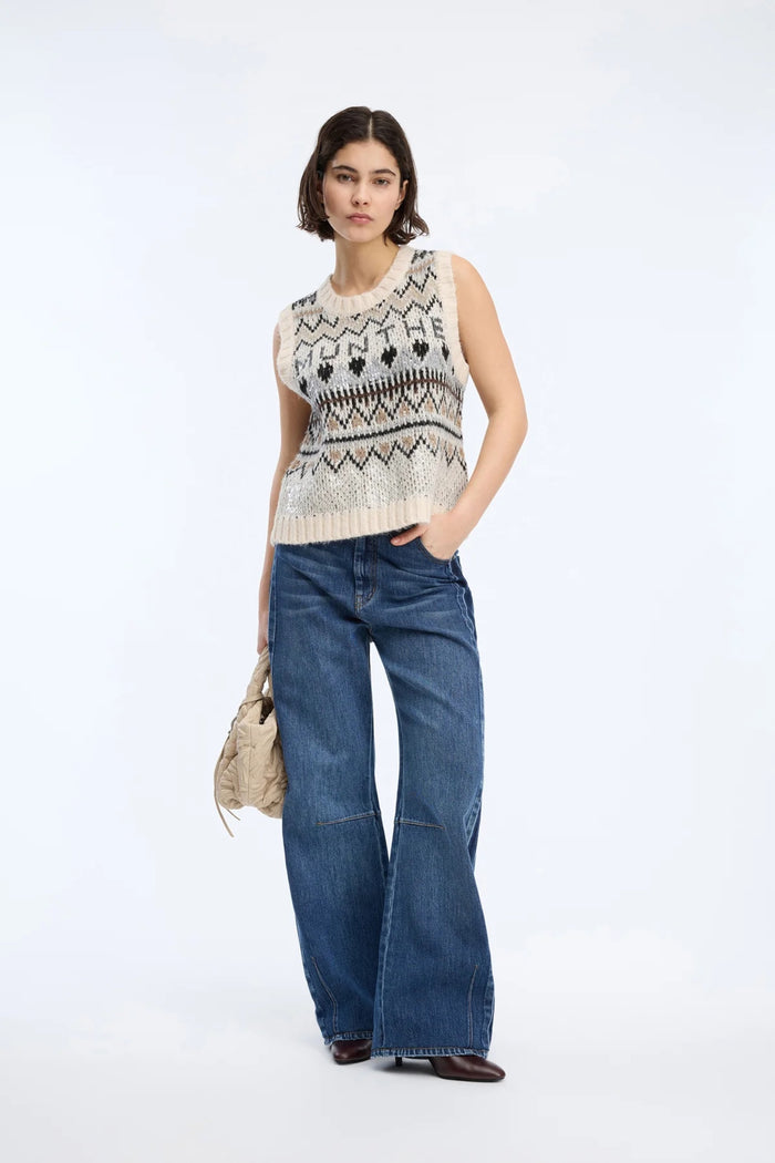 MUNTHE Vitalism Sequin Knitted Vest – Mix Creme by Munthe on model. Shop Munthe at Dotique