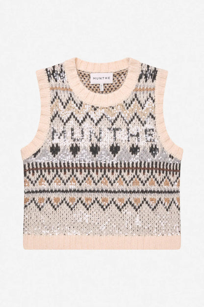 MUNTHE Vitalism Sequin Knitted Vest – Mix Creme by Munthe shown flat. Shop Munthe at Dotique