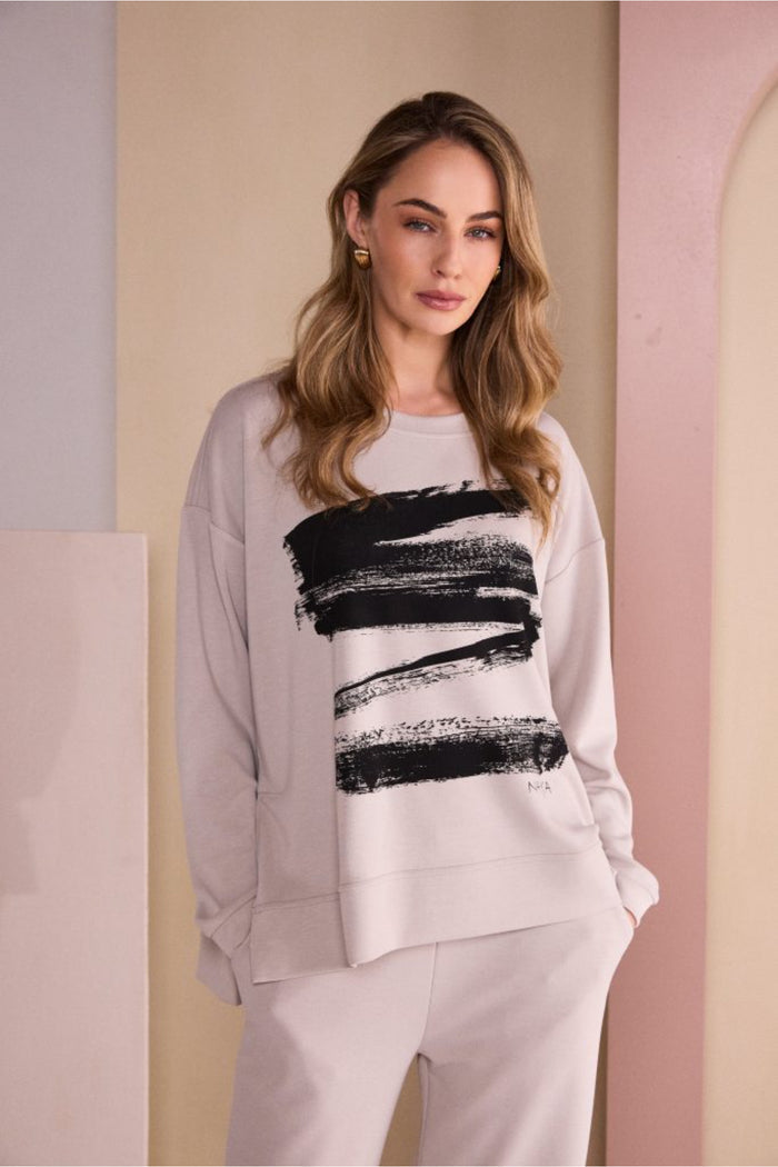 Naya NAW26146 Brush Stroke Placement Print Top Mink/Black worn by model Shop Naya at Dotique