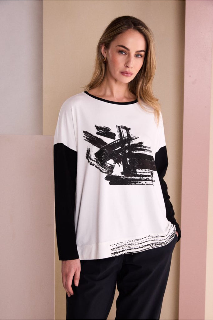 Naya NAW26147 Placement Print Round Neck Top with Contrast Sleeve Black/Choko on model Shop Naya at Dotique