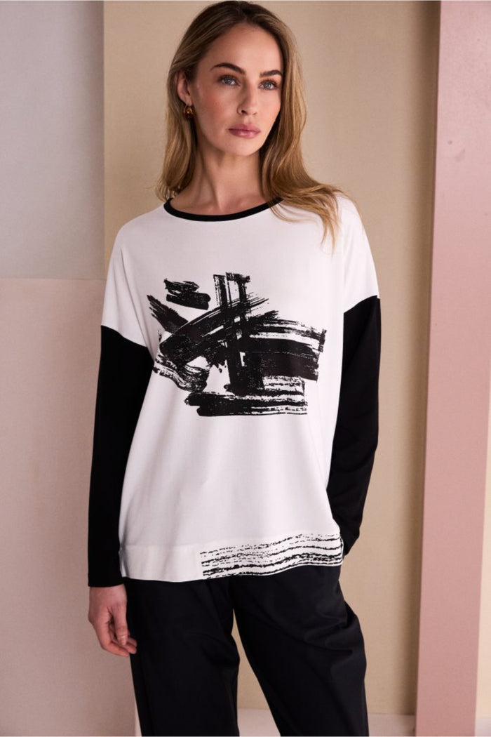 Naya NAW26147 Placement Print Round Neck Top with Contrast Sleeve Black/Choko Shop Naya at Dotique