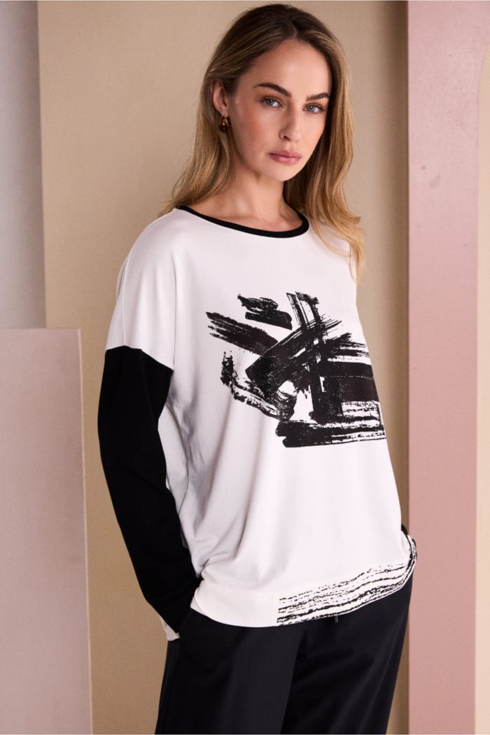 Naya NAW26147 Placement Print Round Neck Top with Contrast Sleeve Black/Choko Shop Naya at Dotique