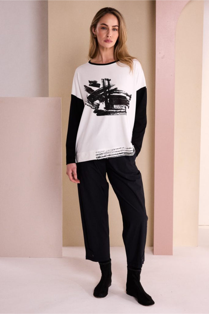 Naya NAW26147 Placement Print Round Neck Top with Contrast Sleeve Black/Choko Shop Naya at Dotique