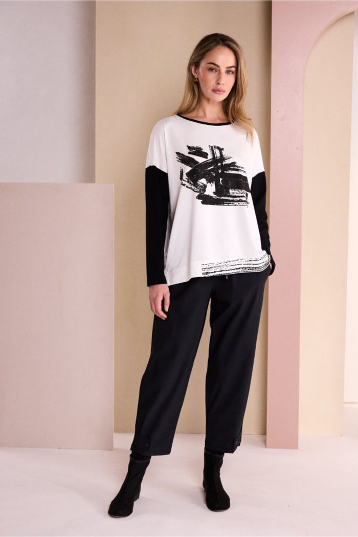 Naya NAW26147 Placement Print Round Neck Top with Contrast Sleeve Black/Choko Shop Naya at Dotique