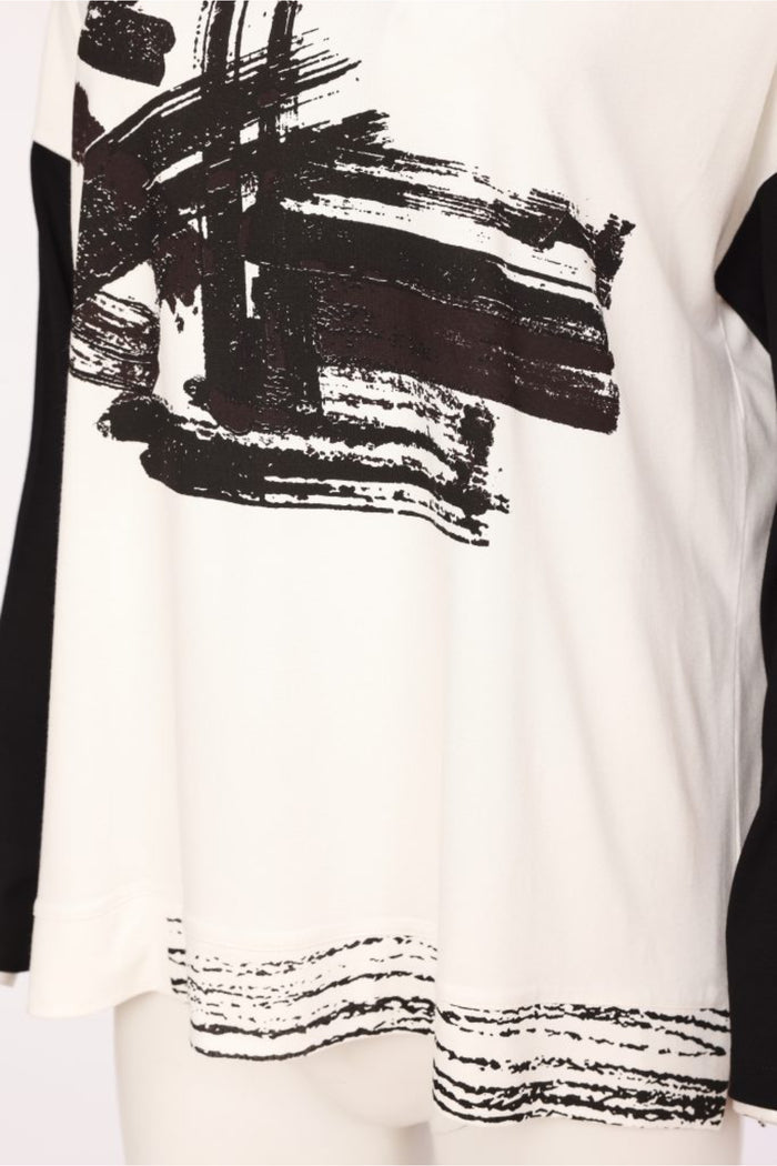 Naya NAW26147 Placement Print Round Neck Top with Contrast Sleeve Black/Choko Shop Naya at Dotique.