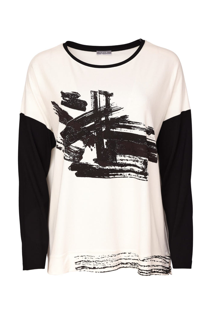 Naya NAW26147 Placement Print Round Neck Top with Contrast Sleeve Black/Choko Shop Naya at Dotique