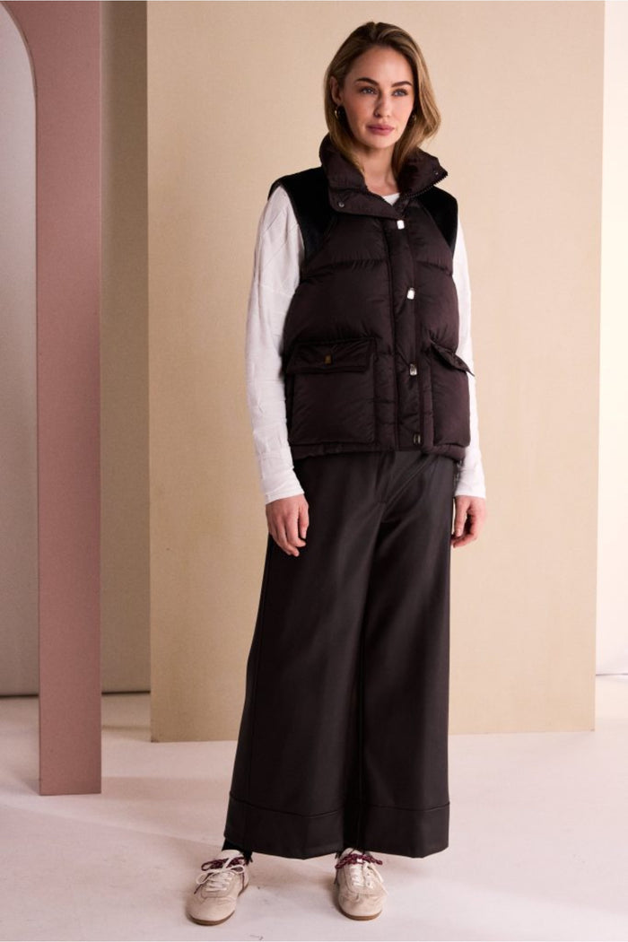 Naya NAW26176 Brown Quilted Waistcoat With Drawstring Hem With Contrast Shoulder Shop Naya at Dotique