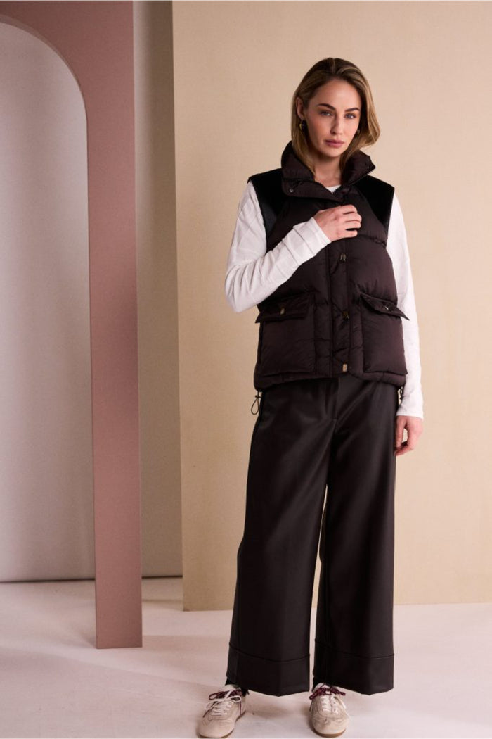 Naya NAW26176 Brown Quilted Waistcoat With Drawstring Hem With Contrast Shoulder Shop Naya at Dotique
