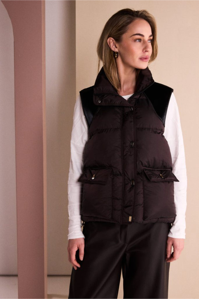 Naya NAW26176 Brown Quilted Waistcoat With Drawstring Hem With Contrast Shoulder Shop Naya at Dotique