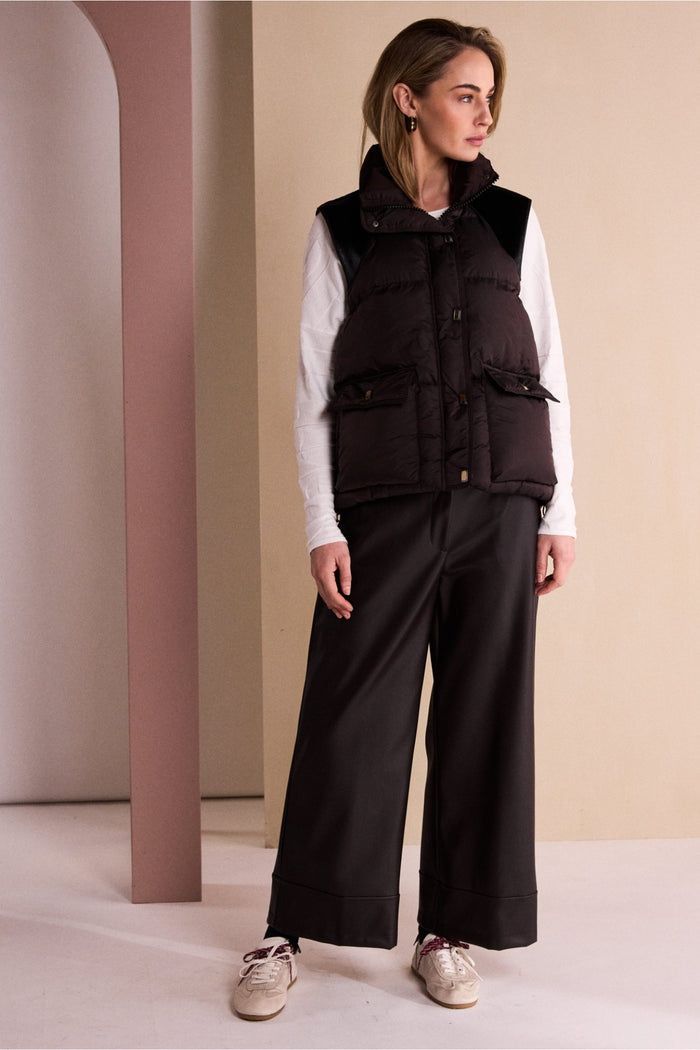 Naya NAW26176 Brown Quilted Waistcoat With Drawstring Hem With Contrast Shoulder Shop Naya at Dotique