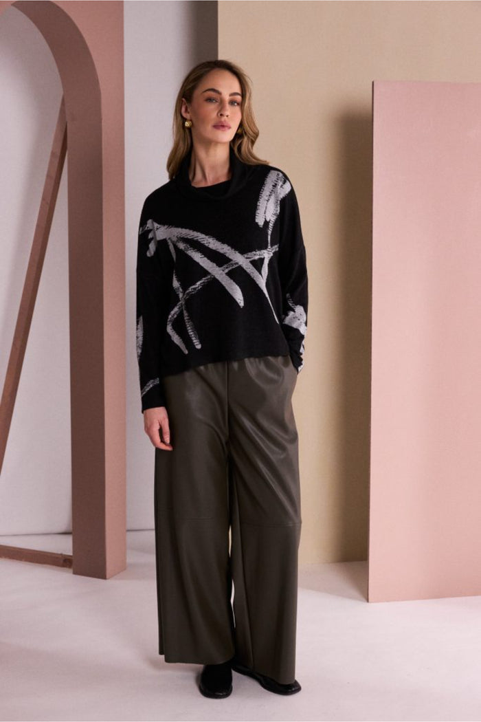 Naya NAW26202 Brush Stroke Print High Neck Top Black/Silver by Naya. Shop Naya at Dotique.