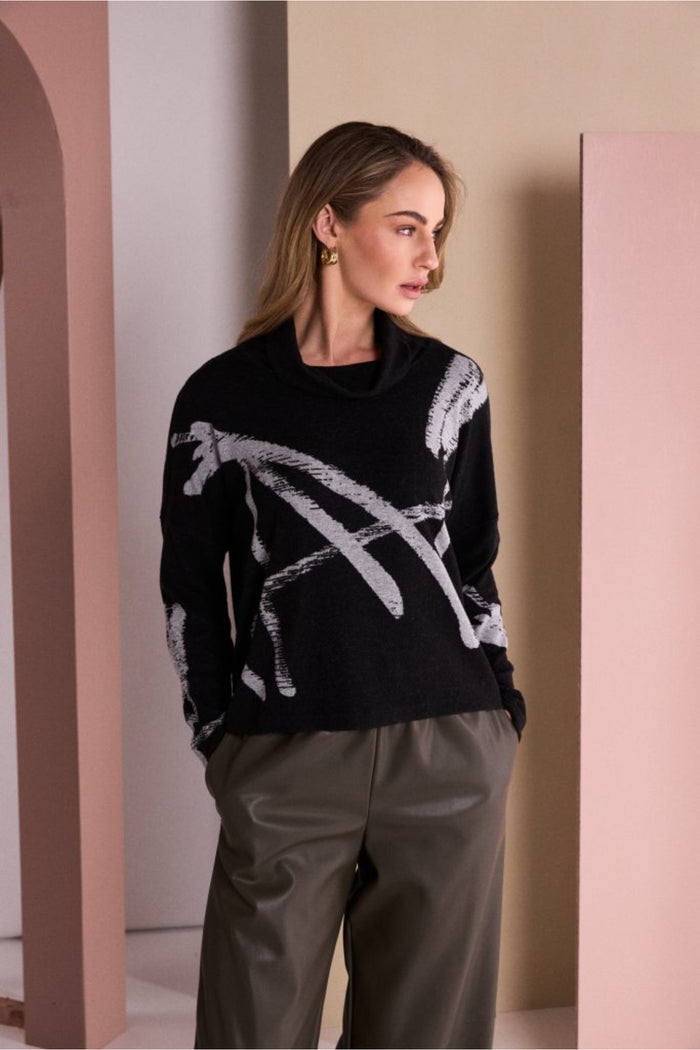 Naya NAW26202 Brush Stroke Print High Neck Top Black/Silver black silver top. You can Shop Naya at Dotique