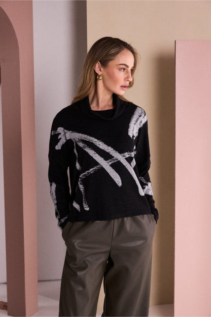 Naya NAW26202 Brush Stroke Print High Neck Top Black/Silver black silver top. You can Shop Naya at Dotique