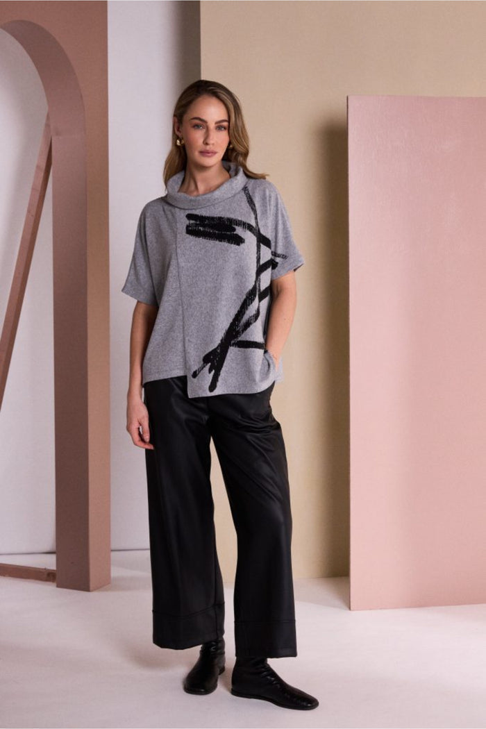 Naya NAW26204 Brush Stroke Print Square Shaped High Neck Top Silver/Black Shop Naya at Dotique