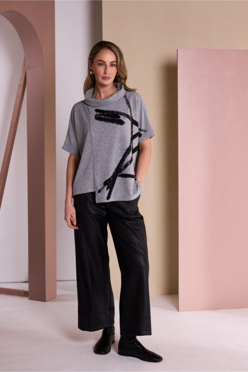 Naya NAW26204 Brush Stroke Print Square Shaped High Neck Top Silver/Black Shop Naya at Dotique