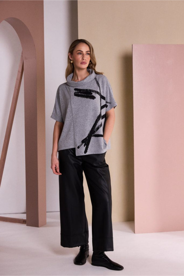 Naya NAW26204 Brush Stroke Print Square Shaped High Neck Top Silver/Black Shop Naya at Dotique