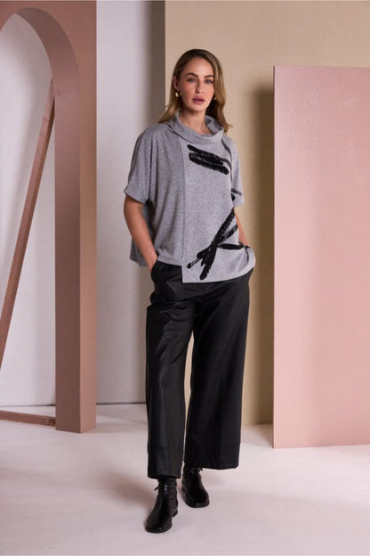 Naya NAW26204 Brush Stroke Print Square Shaped High Neck Top Silver/Black Shop Naya at Dotique