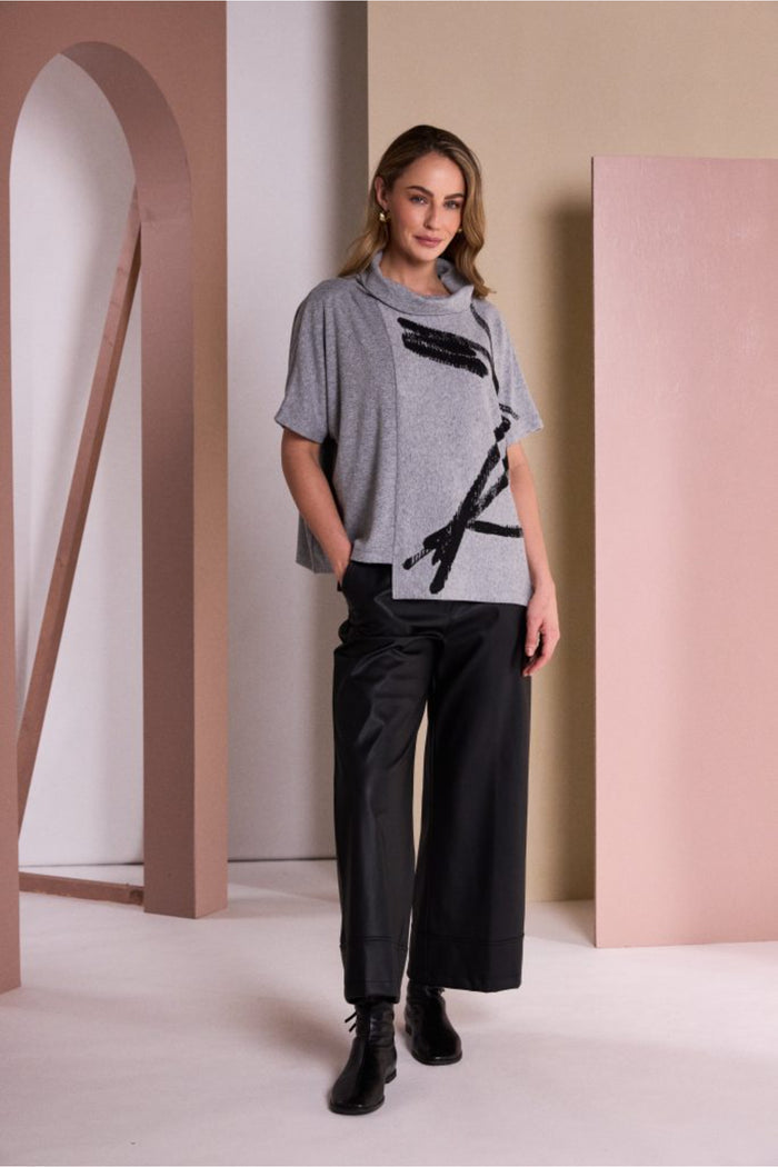 Naya NAW26204 Brush Stroke Print Square Shaped High Neck Top Silver/Black Shop Naya at Dotique