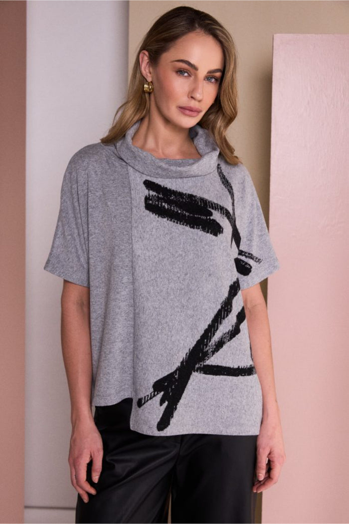 Naya NAW26204 Brush Stroke Print Square Shaped High Neck Top Silver/Black Shop Naya at Dotique