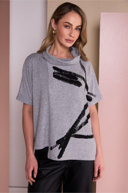 Naya NAW26204 Brush Stroke Print Square Shaped High Neck Top Silver/Black Shop Naya at Dotique