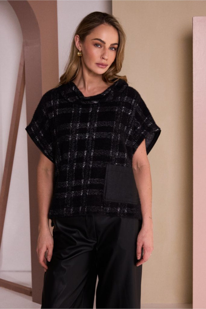 Naya NAW26230 Black/Grey Check Knit Top With Leatherette Pocket And Zip Detail Shop Naya at Dotique