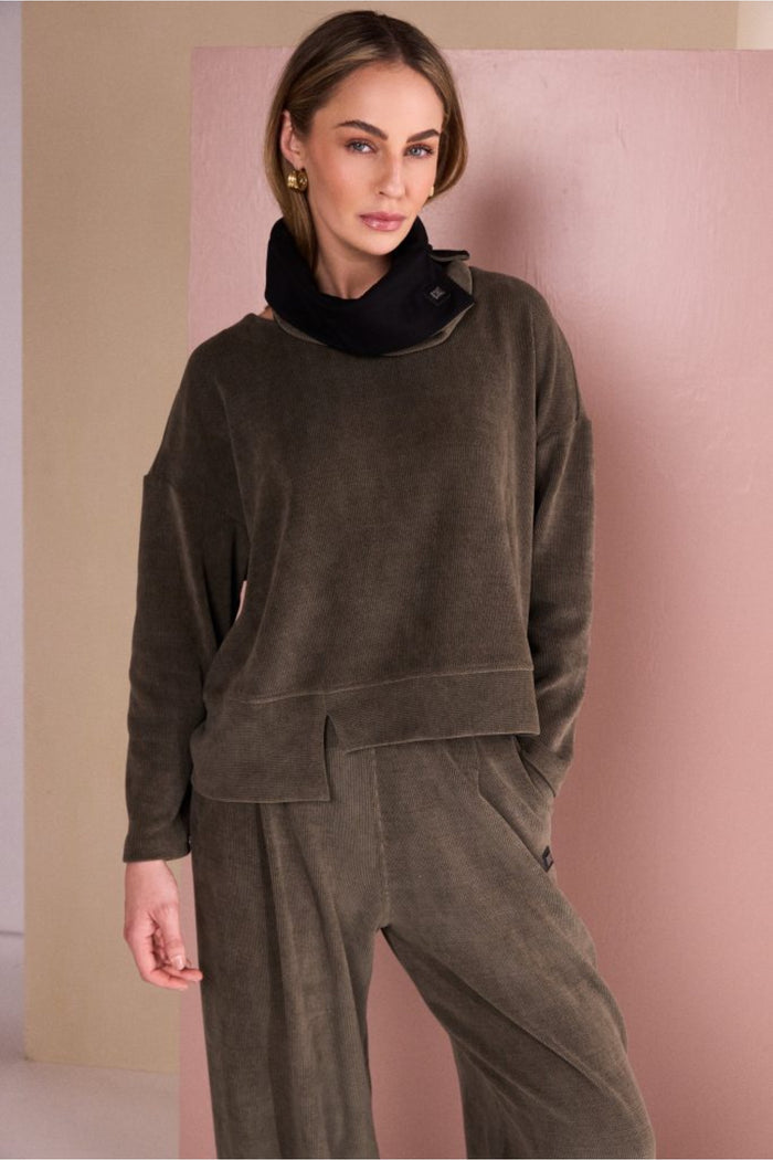 Naya NAW26254 Army Green Ribbed Round Neck Top worn by model Shop Naya at Dotique