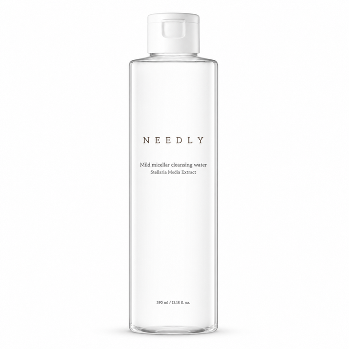 needly mild micellar cleansing water 390ml in a clear rectangular bottle with a white flip-top cap on a white background