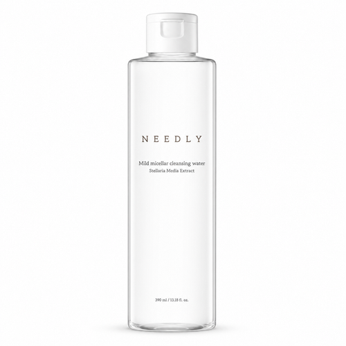 needly mild micellar cleansing water 390ml in a clear rectangular bottle with a white flip-top cap on a white background