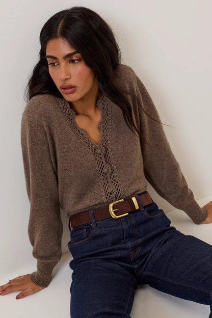Nobody's Child 2513557003 Crochet Trim V Neck Cardigan Brown. Shop Nobody's Child at Dotique.