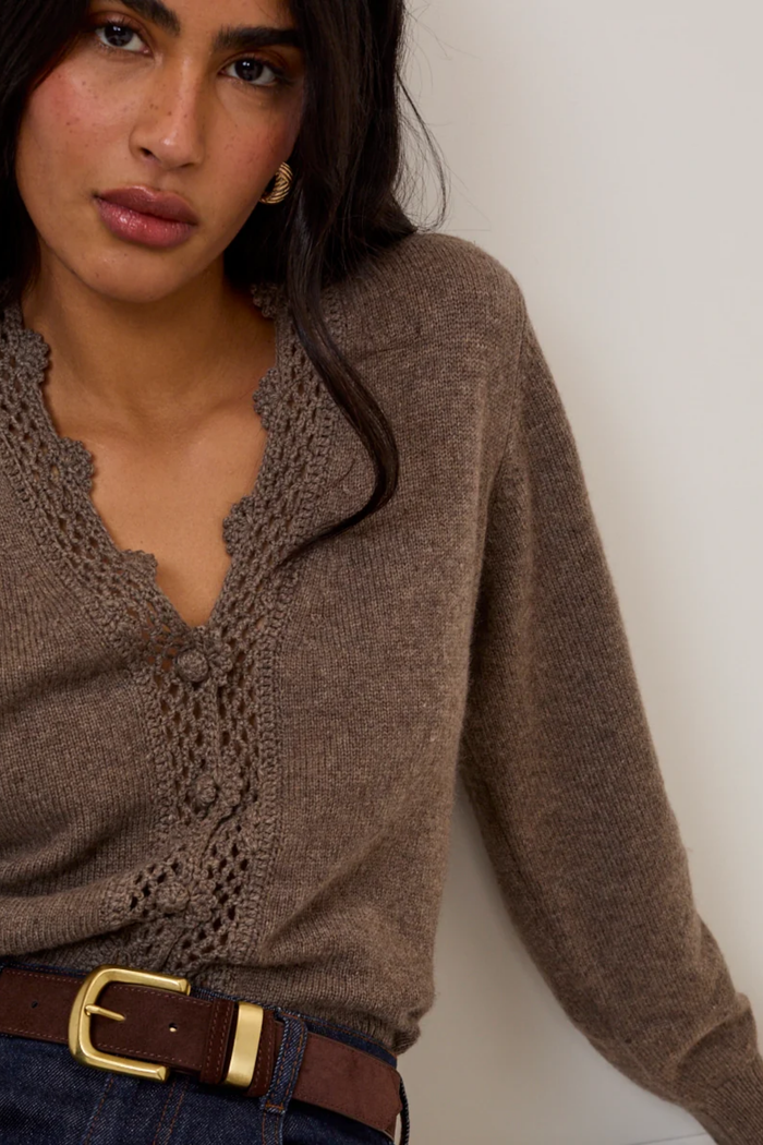 Nobody's Child Crochet Trim V Neck Cardigan Brown by Nobody's Child. Shop Nobody's Child at Dotique.