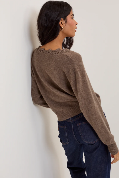 Nobody's Child Crochet Trim V Neck Cardigan Brown by Nobody's Child. Shop Nobody's Child at Dotique.