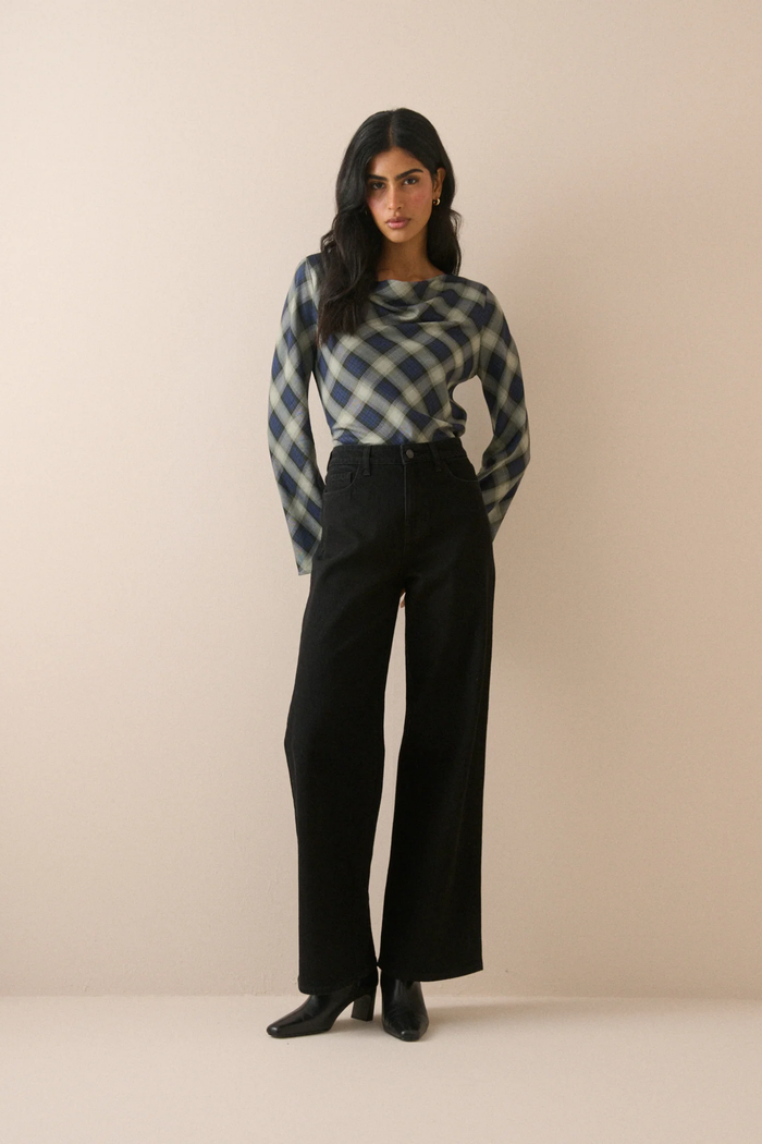 Nobody's Child Cruz Navy Check Cowl Neck Top by Nobody's Child. Model wearing top. Shop Nobody's Child at Dotique.