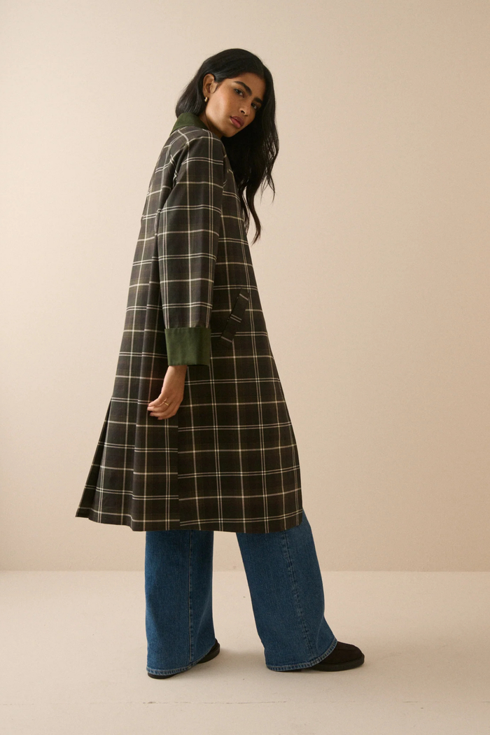 Nobody's Child Diola Brown and Green Tartan Collared Car Coat on model by Nobody’s Child Shop Nobody’s Child at Dotique