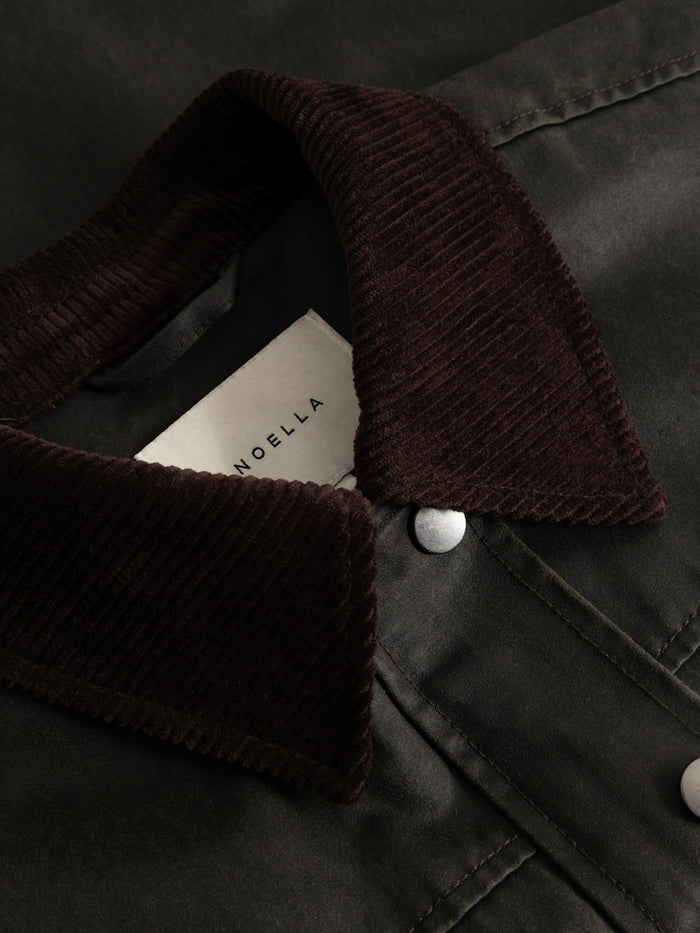 Close-up of Noella N-Mahina Jacket Forest Green by Noella with corduroy collar. Shop Noella at Dotique