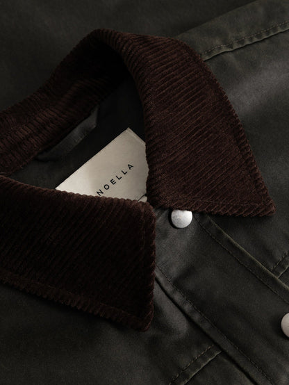 Close-up of Noella N-Mahina Jacket Forest Green by Noella with corduroy collar. Shop Noella at Dotique