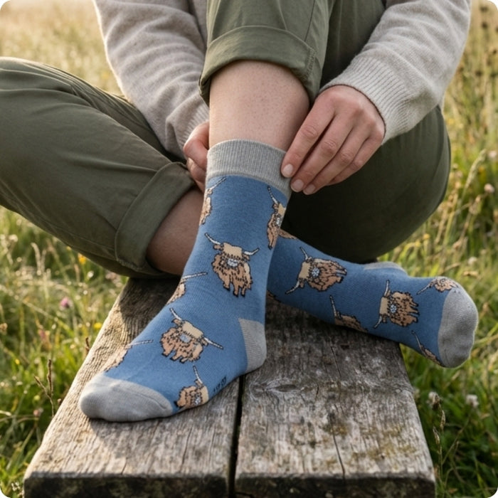Person wearing blue highland cow socks  sitting on a wooden bench in a natural setting.