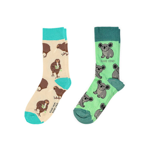 Two pairs of socks with animal patterns on a white background