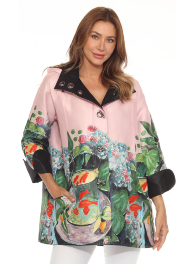 Oopera J6240RW-3 Reversible Rain Coat Goldfish Henry Matisse on model Shop Oopera at Dotique