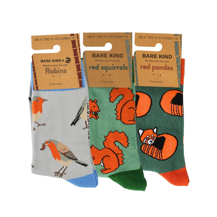 Three pairs of Bare Kind bamboo socks featuring animal prints, displayed side-by-side on a white background.