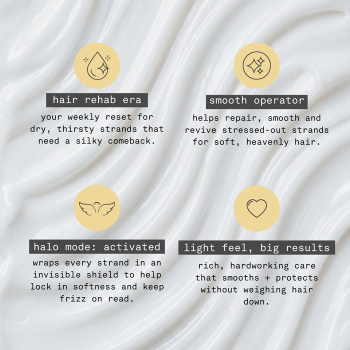 OSMO Guardian Angel Resurfacing Mask benefits, including repairing stressed strands, smoothing frizz, locking in softness and protecting hair without weighing it down.