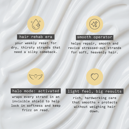 OSMO Guardian Angel Resurfacing Mask benefits, including repairing stressed strands, smoothing frizz, locking in softness and protecting hair without weighing it down.