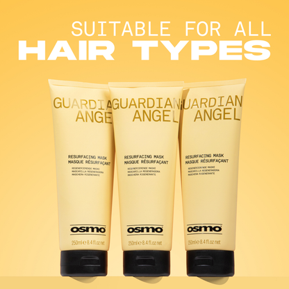 Three OSMO Guardian Angel Resurfacing Mask 250ml tubes, a smoothing and repairing treatment suitable for all hair types.